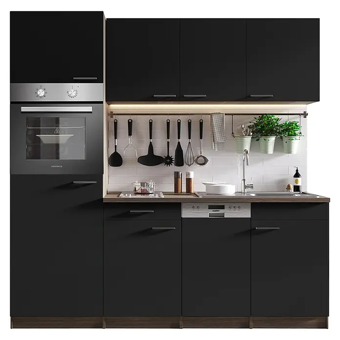 Respekta Singleküche Oliver - Breite: 205 cm, Schwarz, Mit Glaskeramikkochfeld - Küchenzeile in Schwarz mit Edelstahl-Backofen, Geschirrspüler und Hängeschränken. Praktische Küchenhelfer an einer Stange aufgehängt.