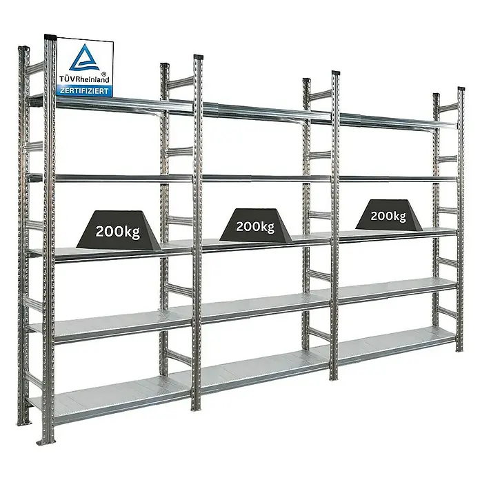 Proregal Aktenregal PROXIMO 1x Grundregal + 2x Anbauregal - Anzahl Böden: 5 Stk., Stecken, Verzinkt - Schwerlastregal mit TÜV-Zertifikat und belastbaren Regalböden für Lagerung von bis zu 200kg pro Ebene.