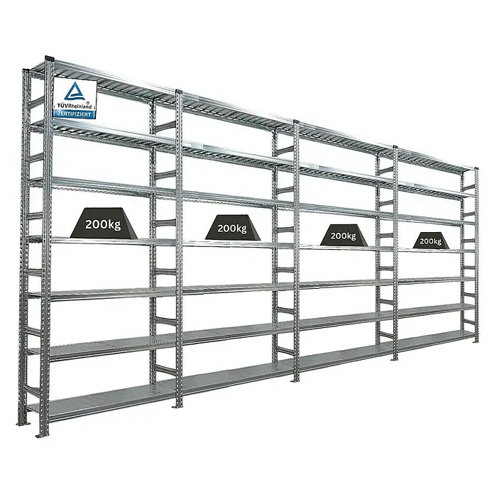 Proregal Aktenregal PROXIMO 1x Grundregal + 3x Anbauregal - Anzahl Böden: 6 Stk., Stecken, Verzinkt - Metallregal mit vier Ebenen, auf denen Gewichte von 200 kg platziert sind. TÜV Rheinland zertifiziertes Produkt.