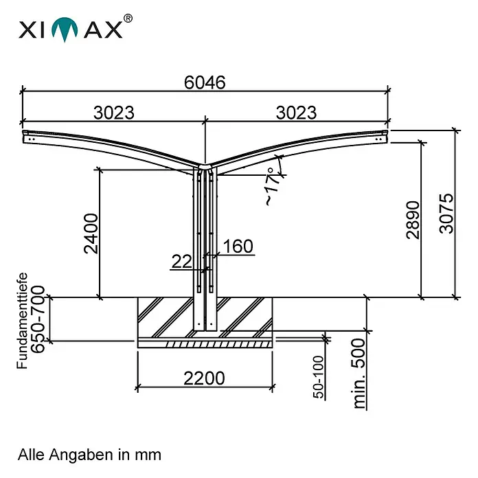 Ximax Carport Portoforte Typ 60 - Y Ausführung - Außenmaß inkl. Dachüberstand (B x T): 6,05 x 5,56 m, Schwarz - Abbildung einer technischen Zeichnung eines Produkts von XI-AX mit diversen Maßangaben in Millimetern zur Veranschaulichung.