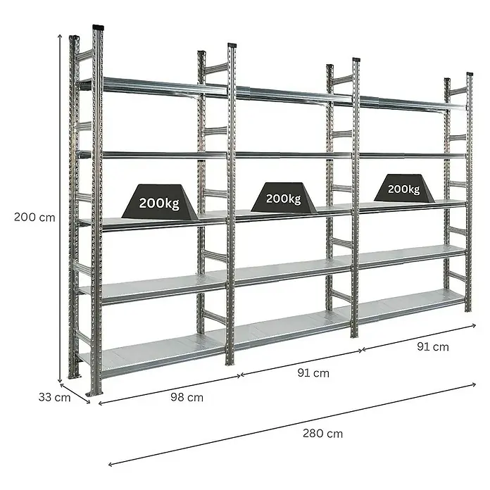 Proregal Aktenregal PROXIMO 1x Grundregal + 2x Anbauregal - Anzahl Böden: 5 Stk., Stecken, Verzinkt - Abbildung eines silbernen Schwerlastregals mit den Maßen 200x280x33 cm, das mit 200 kg belastet ist.