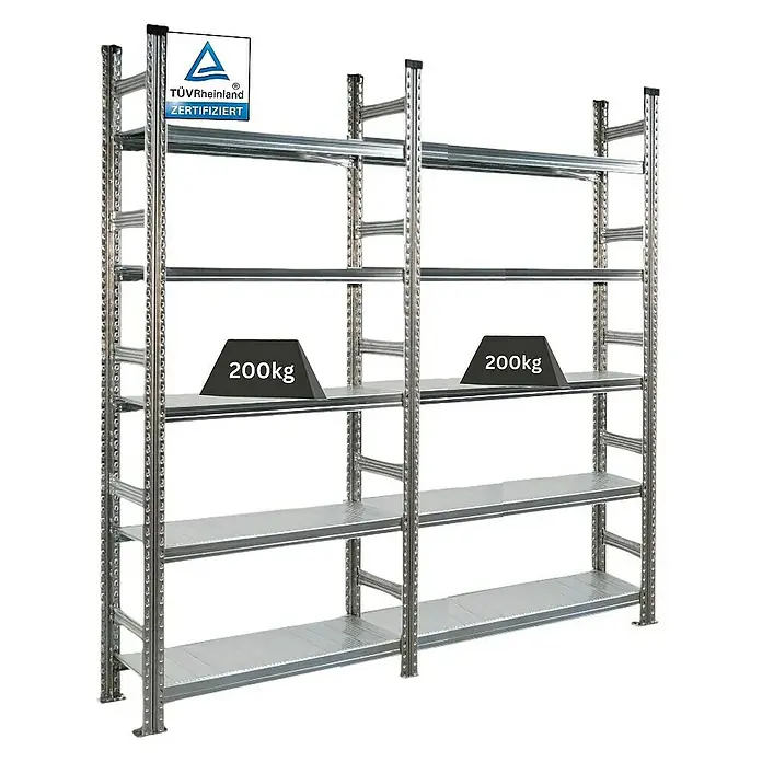 Proregal Aktenregal PROXIMO 1x Grundregal + 1x Anbauregal - H x B x T: 200 x 90 x 32 cm, Anzahl Böden: 5 Stk., Stecken, Verzinkt - Ein stabiles, silbernes Lagerregal mit fünf Regalböden, zertifiziert und mit 200kg Gewicht belastet.