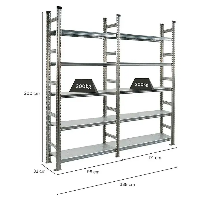 Proregal Aktenregal PROXIMO 1x Grundregal + 1x Anbauregal - H x B x T: 200 x 90 x 32 cm, Anzahl Böden: 5 Stk., Stecken, Verzinkt - Metallregal mit vier Ablagen und Gewichtsangaben.