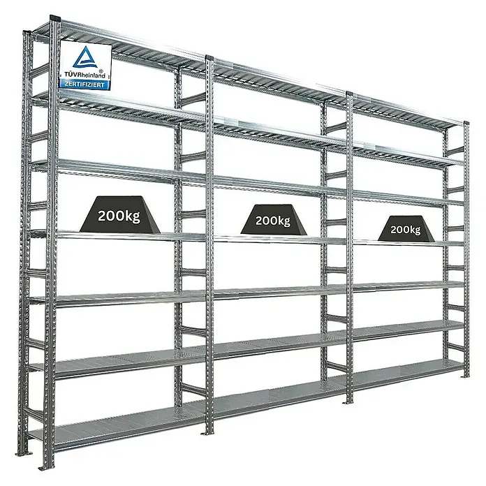 Proregal Aktenregal PROXIMO 1x Grundregal + 2x Anbauregal - H x B x T: 250 x 120 x 32 cm, Anzahl Böden: 6 Stk., Stecken, Verzinkt - Lagerregal mit mehreren Ebenen zur Aufbewahrung von Gegenständen, zertifiziert durch den TÜV Rheinland.