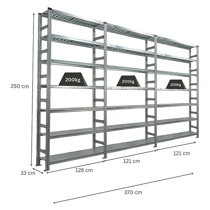 Proregal Aktenregal PROXIMO 1x Grundregal + 2x Anbauregal - H x B x T: 250 x 120 x 32 cm, Anzahl Böden: 6 Stk., Stecken, Verzinkt - Dreiteiliges Schwerlastregal mit mehreren Ebenen und Gewichtsangaben zur Illustration der Tragfähigkeit.