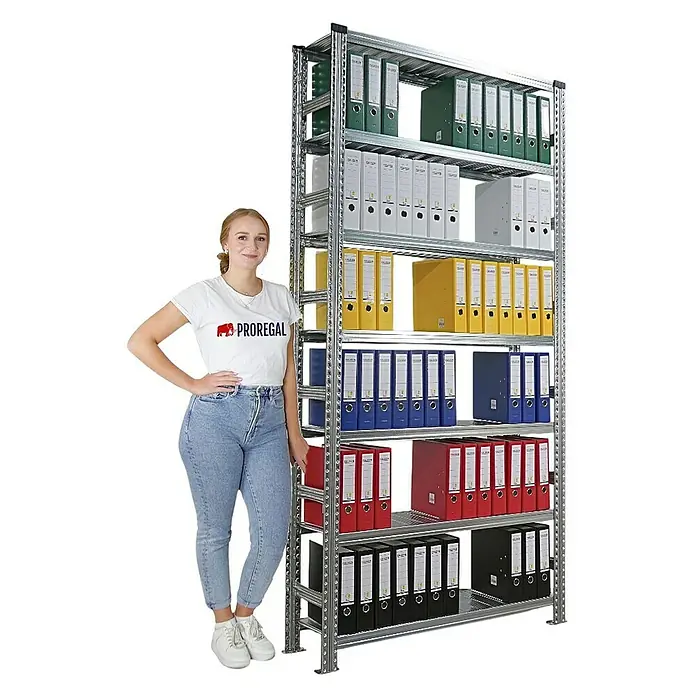 Proregal Aktenregal PROXIMO 1x Grundregal + 2x Anbauregal - H x B x T: 250 x 120 x 32 cm, Anzahl Böden: 6 Stk., Stecken, Verzinkt - Bild eines robusten Metallregals mit farbigen Ordnern, ideal für Büro oder Lager.