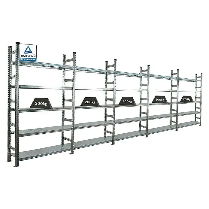 Proregal Aktenregal PROXIMO 1x Grundregal + 4x Anbauregal - Anzahl Böden: 5 Stk., Stecken, Verzinkt - Lagerregal mit fünf Ebenen und jeweils 200 kg Traglast, zertifiziert von TÜV Rheinland. Robustes Regalsystem für Lager und Werkstatt.