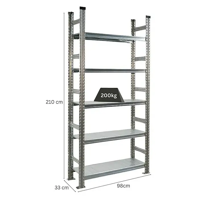 Proregal Aktenregal PROXIMO Grundregal - H x B x T: 210 x 90 x 32 cm, Anzahl Böden: 5 Stk., Stecken, Verzinkt - Abbildung eines Metallregals mit fünf Ablagen, das mit 200 kg belastet ist.