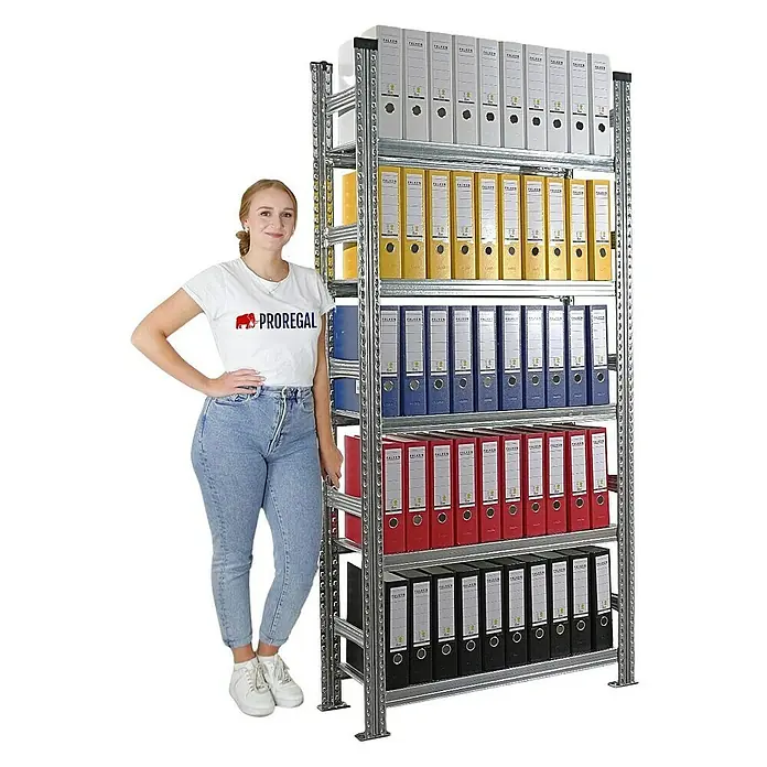 Proregal Aktenregal PROXIMO Grundregal - H x B x T: 210 x 90 x 32 cm, Anzahl Böden: 5 Stk., Stecken, Verzinkt - Ein Regal mit farbigen Ordnern, die nach Farbe sortiert sind. Das Regal steht neben einer Frau zur Größenorientierung.