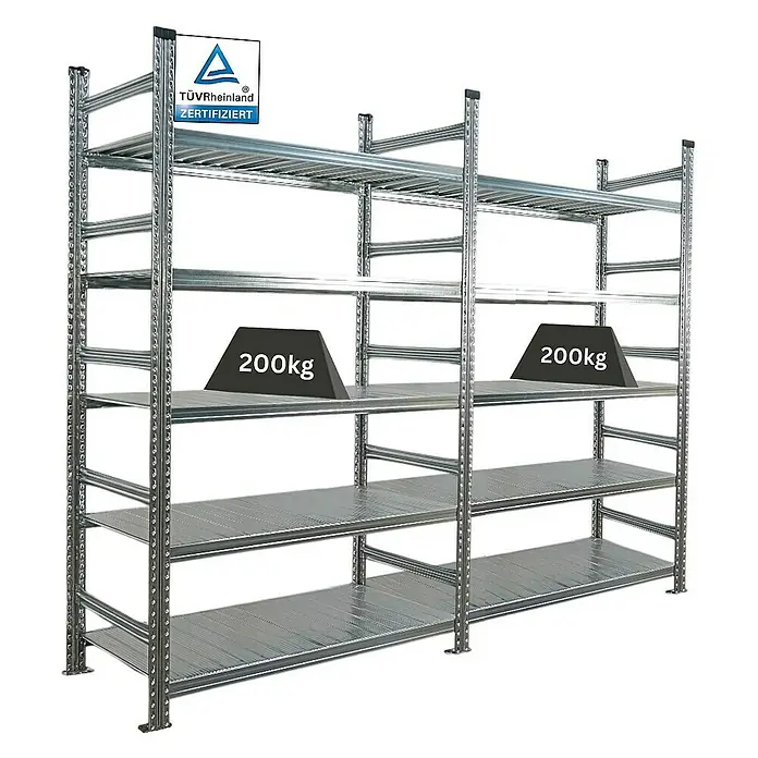 Proregal Aktenregal PROXIMO 1x Grundregal + 1x Anbauregal - H x B x T: 210 x 120 x 60 cm, Anzahl Böden: 5 Stk., Stecken, Verzinkt - Metallregal mit vier Ebenen, zertifiziert von TÜV Rheinland, belastbar mit 200 kg pro Ebene.
