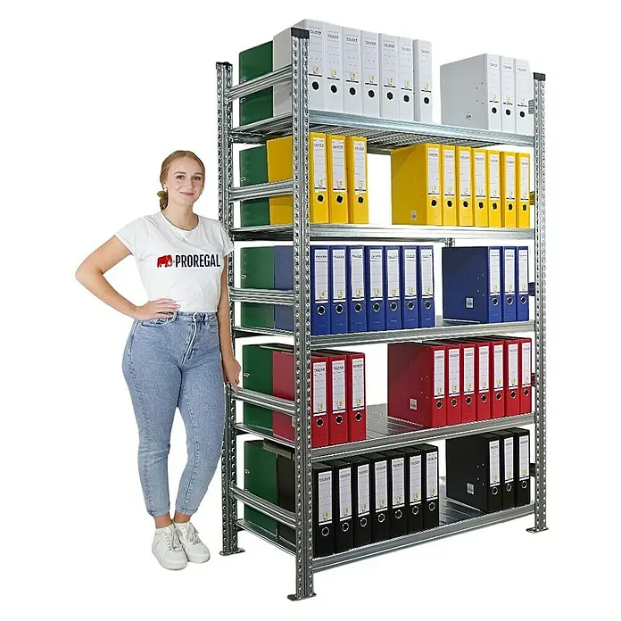 Proregal Aktenregal PROXIMO 1x Grundregal + 4x Anbauregal - H x B x T: 200 x 120 x 60 cm, Anzahl Böden: 5 Stk., Stecken, Verzinkt - Regal mit bunten Ordnern, ideal für Büro oder Lager. Das robuste Metallregal bietet viel Stauraum und ist einfach zu montieren.