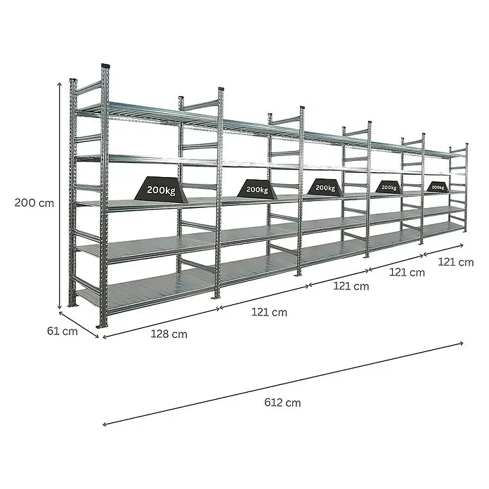 Proregal Aktenregal PROXIMO 1x Grundregal + 4x Anbauregal - H x B x T: 200 x 120 x 60 cm, Anzahl Böden: 5 Stk., Stecken, Verzinkt - Ansicht eines Schwerlastregals aus Metall mit mehreren Ebenen und Belastungsangaben.