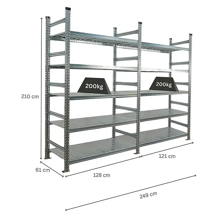 Proregal Aktenregal PROXIMO 1x Grundregal + 1x Anbauregal - H x B x T: 210 x 120 x 60 cm, Anzahl Böden: 5 Stk., Stecken, Verzinkt - Metallregal mit fünf Ebenen und Gewichtsangabe.