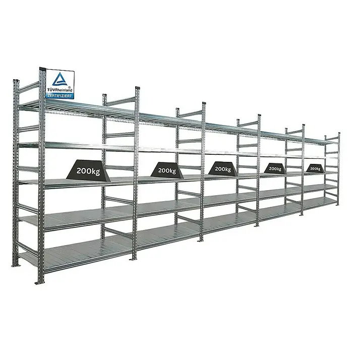 Proregal Aktenregal PROXIMO 1x Grundregal + 4x Anbauregal - H x B x T: 200 x 120 x 60 cm, Anzahl Böden: 5 Stk., Stecken, Verzinkt - Schwerlastregal mit mehreren Ebenen und Gewichten zur Demonstration der Belastbarkeit.