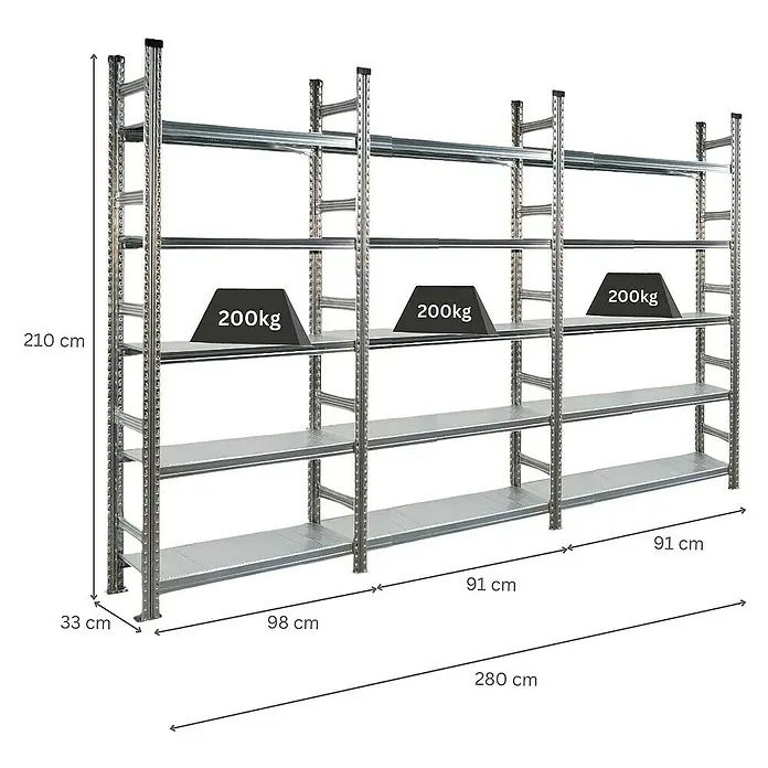 Proregal Aktenregal PROXIMO 1x Grundregal + 2x Anbauregal - H x B x T: 210 x 90 x 32 cm, Anzahl Böden: 5 Stk., Stecken, Verzinkt - Ein Bild von einem silbernen Metallregal mit mehreren Ebenen, das zur Aufbewahrung und Organisation von Gegenständen verwendet wird.