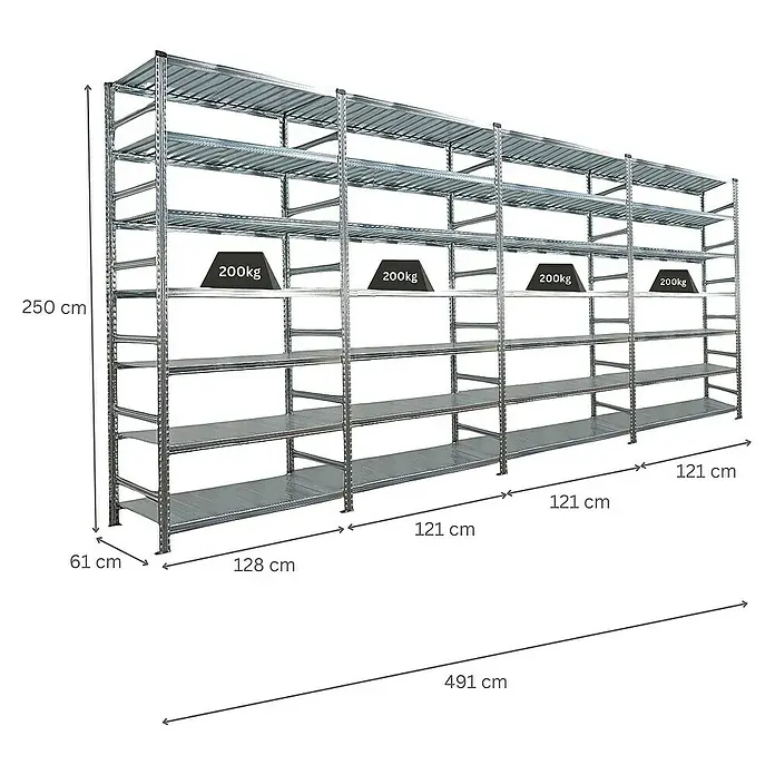 Proregal Aktenregal PROXIMO 1x Grundregal + 3x Anbauregal - H x B x T: 250 x 120 x 60 cm, Anzahl Böden: 6 Stk., Stecken, Verzinkt - Ansicht eines Schwerlastregals mit mehreren Ebenen und den Maßangaben.