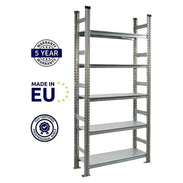 Proregal Aktenregal PROXIMO 1x Grundregal + 2x Anbauregal - H x B x T: 210 x 90 x 32 cm, Anzahl Böden: 5 Stk., Stecken, Verzinkt - Abbildung eines silberfarbenen Metallregals mit fünf Ebenen, ideal für Lagerung und Organisation.