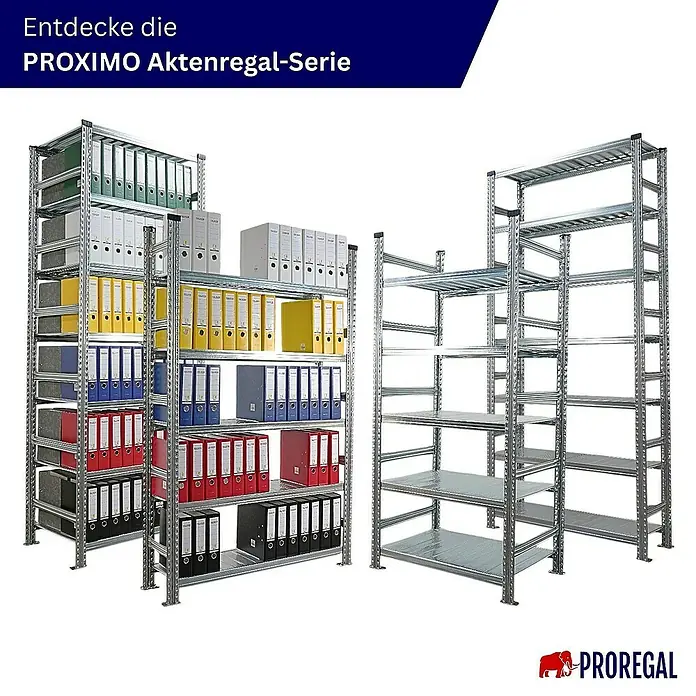 Proregal Aktenregal PROXIMO 1x Grundregal + 3x Anbauregal - H x B x T: 250 x 120 x 60 cm, Anzahl Böden: 6 Stk., Stecken, Verzinkt - PROREGAL präsentiert das PROXIMO Aktenregal-System: flexible Regale für Büro und Lager zur optimalen Archivierung und Organisation von Aktenordnern.