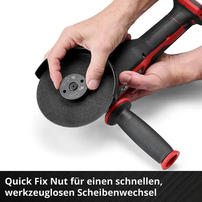 Einhell Professional Power X-Change 18V Akku-Winkelschleifer AXXIO 18/125 Q - Ohne Akku, Durchmesser Scheibe: 125 mm, 8.500 U/min - Bild einer Flex mit Schnellspannmutter zum schnellen, werkzeuglosen Scheibenwechsel.