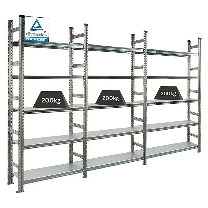 Proregal Aktenregal PROXIMO 1x Grundregal + 2x Anbauregal - H x B x T: 210 x 90 x 32 cm, Anzahl Böden: 5 Stk., Stecken, Verzinkt - Lagerregal aus Metall mit TÜV-Zertifikat, belastbar mit 200 kg pro Ebene für schwere Lasten.