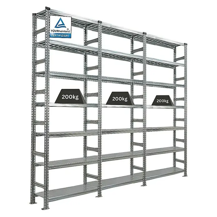 Proregal Aktenregal PROXIMO 1x Grundregal + 2x Anbauregal - Anzahl Böden: 6 Stk., Stecken, Verzinkt - Das Bild zeigt ein robustes Metallregal, das mit Gewichten von 200 kg pro Ebene belastet ist, zertifiziert von TÜV Rheinland.