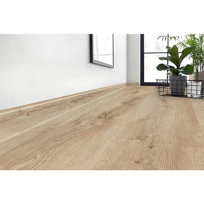 Sockelleiste Vigo - 220 x 1,5 x 6 cm, Sherman Eiche - Helles Laminat mit Holzmaserung in einem modern eingerichteten Raum, ergänzt durch stilvolle Pflanzen.