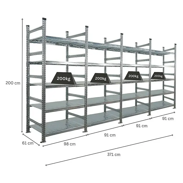 Proregal Aktenregal PROXIMO 1x Grundregal + 3x Anbauregal - Anzahl Böden: 5 Stk., Stecken, Verzinkt - Regalsystem aus Metall mit mehreren Ebenen und Gewichtsangaben. Ideal für Lagerung und Organisation.