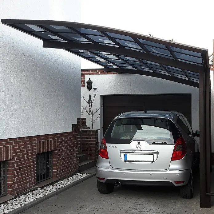 Ximax Carport Portoforte Typ 80 - Außenmaß inkl. Dachüberstand (B x T): 3,01 x 5,56 m, Einzelcarport, Mattbraun - Carport-Struktur für ein Auto.