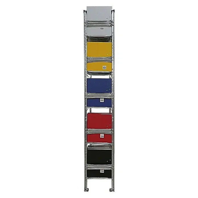 Proregal Aktenregal PROXIMO Grundregal - H x B x T: 210 x 120 x 32 cm, Anzahl Böden: 5 Stk., Stecken, Verzinkt - Regal mit mehreren farbigen Aktenordnern in einem Metallgestell. Ideal für die Büroorganisation und Ablage.