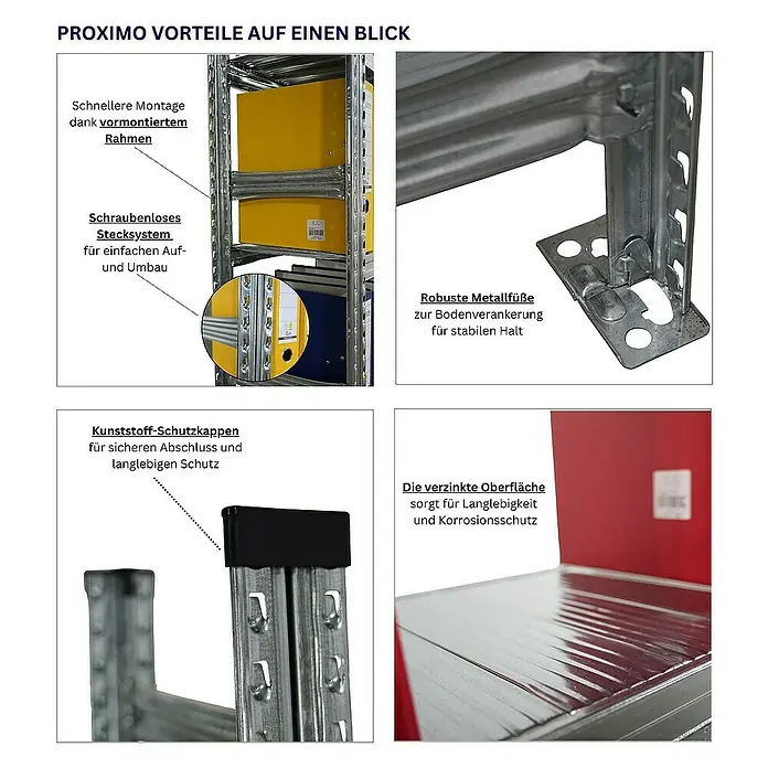 Proregal Aktenregal PROXIMO Grundregal - H x B x T: 210 x 120 x 32 cm, Anzahl Böden: 5 Stk., Stecken, Verzinkt - Produkt-Highlights: Das Proximo Regalsystem mit schneller Montage, schraubenlosem Stecksystem, robusten Metallfüßen, Schutzkappen und verzinkter Oberfläche.