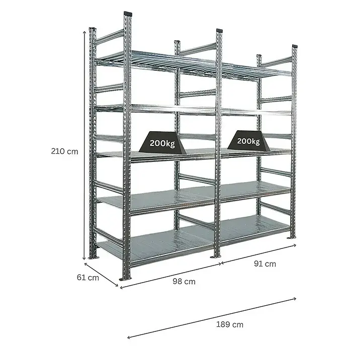 Proregal Aktenregal PROXIMO 1x Grundregal + 1x Anbauregal - H x B x T: 210 x 90 x 60 cm, Anzahl Böden: 5 Stk., Stecken, Verzinkt - Abbildung eines Schwerlastregals mit mehreren Ebenen und Gewichtsangaben.