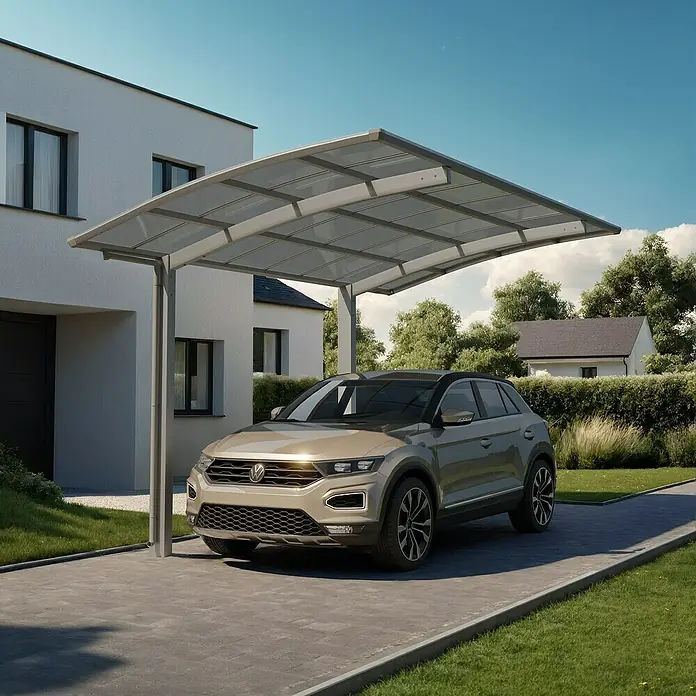 Ximax Carport PF60 - Außenmaß inkl. Dachüberstand (B x T): 3,01 x 5,56 m, Einzelcarport, Edelstahl-Look - Carport mit einem goldfarbenen VW T-Roc. Der Carport bietet Schutz vor Witterungseinflüssen. Das Auto parkt sicher unter dem Unterstand.