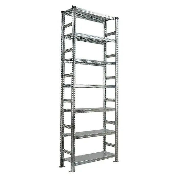 Proregal Aktenregal PROXIMO Grundregal - H x B x T: 250 x 90 x 32 cm, Anzahl Böden: 6 Stk., Stecken, Verzinkt - Hier ist ein Bild von einem hohen, silberfarbenen Metallregal mit mehreren Ebenen und einer perforierten Oberfläche.