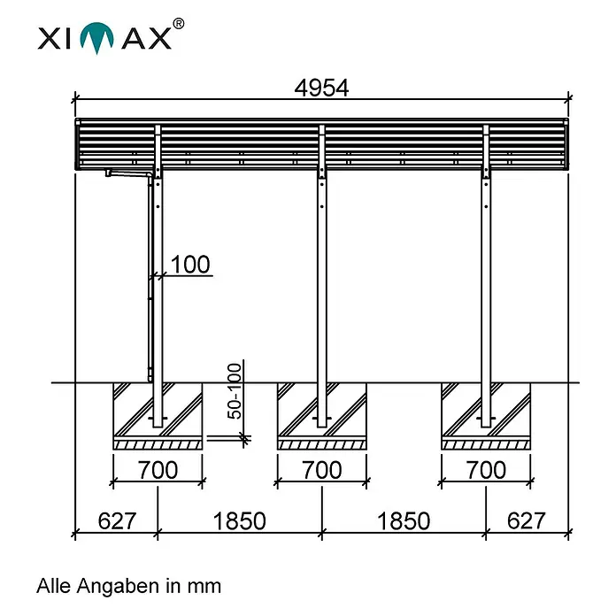 Ximax Carport Portoforte Typ 80 Caravan - Außenmaß inkl. Dachüberstand (B x T): 2,7 x 4,95 m, Schwarz - Technische Zeichnung einer Ximax Terrassenüberdachung mit Maßangaben zu Pfosten, Fundamenten und Gesamtlänge.