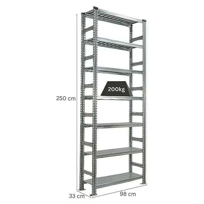 Proregal Aktenregal PROXIMO Grundregal - H x B x T: 250 x 90 x 32 cm, Anzahl Böden: 6 Stk., Stecken, Verzinkt - Bild eines Metallregals mit den Maßen 250 cm Höhe, 98 cm Breite und 33 cm Tiefe, das mit 200 kg belastbar ist.