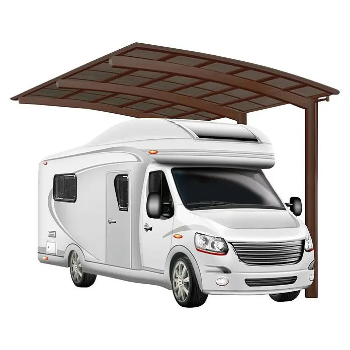 Ximax Carport Portoforte Typ 80 Caravan - Außenmaß inkl. Dachüberstand (B x T): 2,7 x 4,95 m, Mattbraun - Ein weißes Wohnmobil steht unter einem Carport mit braunem Dach, das Schutz vor Witterungseinflüssen bietet.