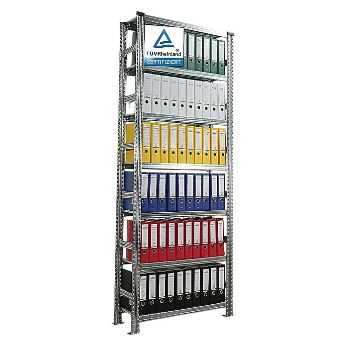 Proregal Aktenregal PROXIMO Grundregal - H x B x T: 250 x 90 x 32 cm, Anzahl Böden: 6 Stk., Stecken, Verzinkt - Regal mit Ordnern in verschiedenen Farben, von TÜV Rheinland zertifiziert, für die Organisation von Dokumenten im Büro oder Zuhause.