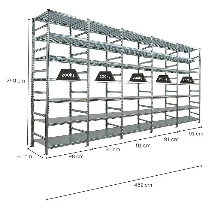 Proregal Aktenregal PROXIMO 1x Grundregal + 4x Anbauregal - H x B x T: 250 x 90 x 60 cm, Anzahl Böden: 6 Stk., Stecken, Verzinkt - Lagerregal mit mehreren Ebenen und hoher Traglast. Ideal für die Lagerung schwerer Gegenstände. Robuste Konstruktion mit Maßen.