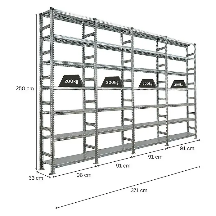 Proregal Aktenregal PROXIMO 1x Grundregal + 3x Anbauregal - H x B x T: 250 x 90 x 32 cm, Anzahl Böden: 6 Stk., Stecken, Verzinkt - Ansicht eines Regalsystems aus Metall mit mehreren Ebenen, das mit bis zu 200 kg pro Ebene belastbar ist. Die Maße sind angegeben.