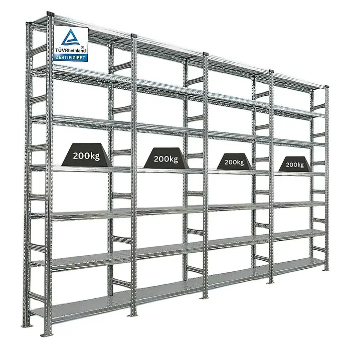 Proregal Aktenregal PROXIMO 1x Grundregal + 3x Anbauregal - H x B x T: 250 x 90 x 32 cm, Anzahl Böden: 6 Stk., Stecken, Verzinkt - Produktabbildung eines Schwerlastregals mit mehreren Ebenen, geprüft und zertifiziert. Ideal für Lager und Werkstatt.