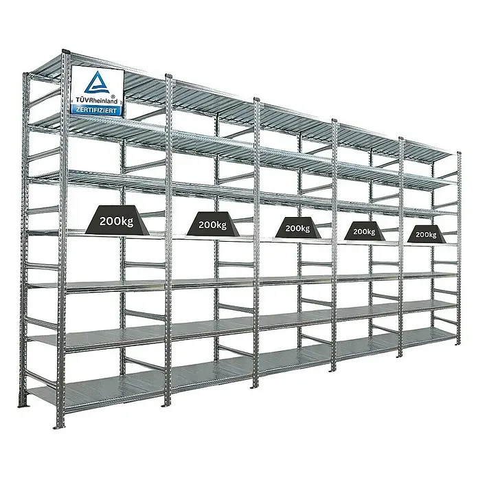 Proregal Aktenregal PROXIMO 1x Grundregal + 4x Anbauregal - H x B x T: 250 x 90 x 60 cm, Anzahl Böden: 6 Stk., Stecken, Verzinkt - Metallregal mit mehreren Regalböden, zertifiziert und belastbar. Ideal für Lager und Werkstatt zur schweren Aufbewahrung.