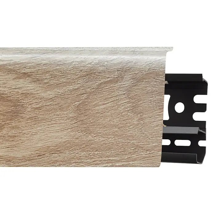 Sockelleiste Vigo - 220 x 1,5 x 6 cm, Sherman Eiche - Sockelleiste in Holzoptik mit einem schwarzen Halterungssystem. Elegantes Design für jeden Raum.