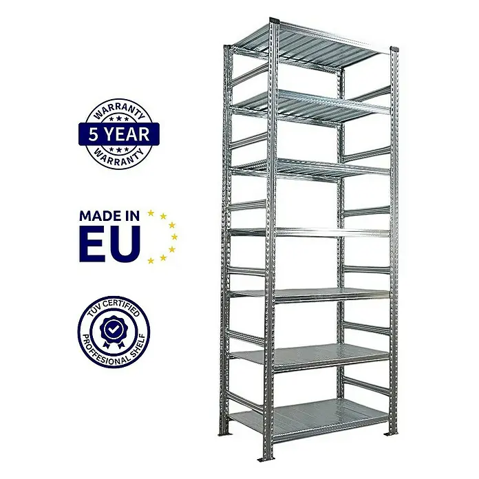 Proregal Aktenregal PROXIMO 1x Grundregal + 1x Anbauregal - H x B x T: 250 x 90 x 60 cm, Anzahl Böden: 6 Stk., Stecken, Verzinkt - Ein freistehendes, silbergraues Schwerlastregal mit sieben Regalböden, ideal für Lagerung und Organisation.