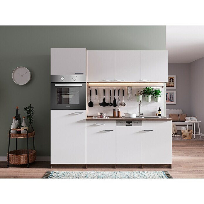 Respekta Cocina (Ancho: 205 cm, Con placa vitrocerámica, Imitación de madera de roble York, Blanco)
