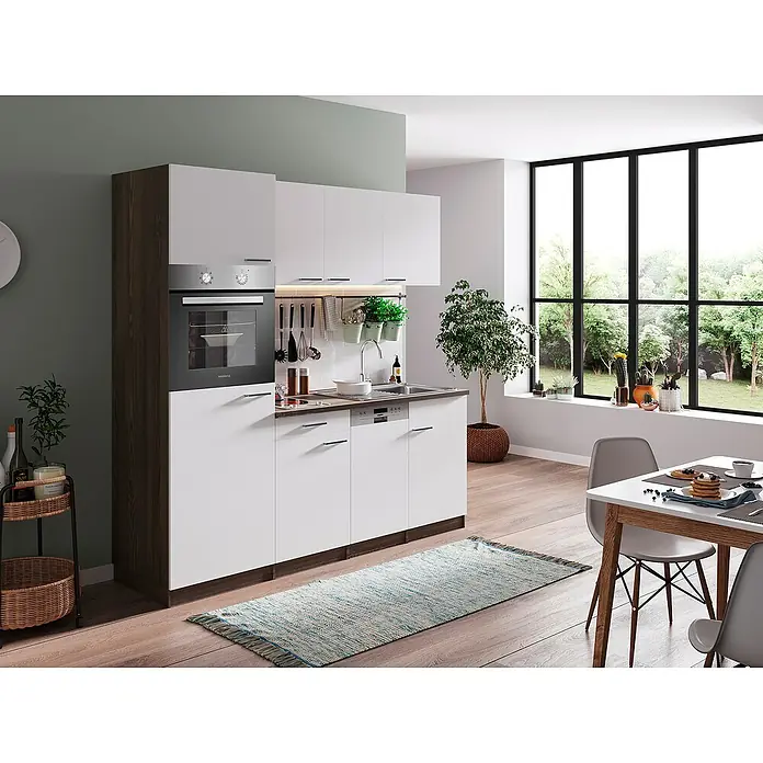 Respekta Singleküche Oliver - Breite: 205 cm, Weiß, Mit Glaskeramikkochfeld - Eine moderne Küche mit weißen Schränken, dunklen Akzenten und einem integrierten Ofen, die ein stilvolles und funktionales Design bietet.