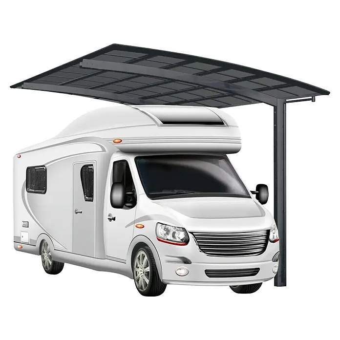 Ximax Carport Portoforte Typ 60 Caravan - Außenmaß inkl. Dachüberstand (B x T): 2,7 x 4,95 m, Schwarz - Wohnmobil unter einem Carport.
