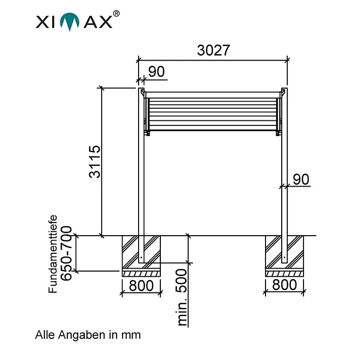 Ximax Carport Miro Next Typ 60 - Außenmaß inkl. Dachüberstand (B x T): 3,03 x 5,79 m, Edelstahl-Look - Technische Zeichnung eines Ximax-Produkts, das die Abmessungen und Fundamenttiefe in Millimetern angibt.