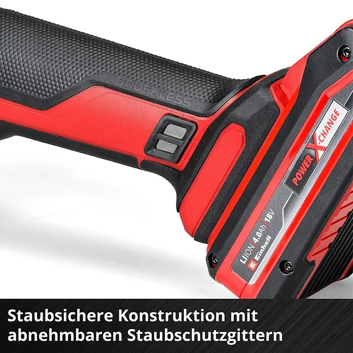 Einhell Professional Power X-Change 18V Akku-Winkelschleifer AXXIO 18/125 Q - Ohne Akku, Durchmesser Scheibe: 125 mm, 8.500 U/min - Detailaufnahme eines roten und schwarzen Einhell Akku-Winkelschleifers mit bürstenlosem Motor und Staubschutzgitter.