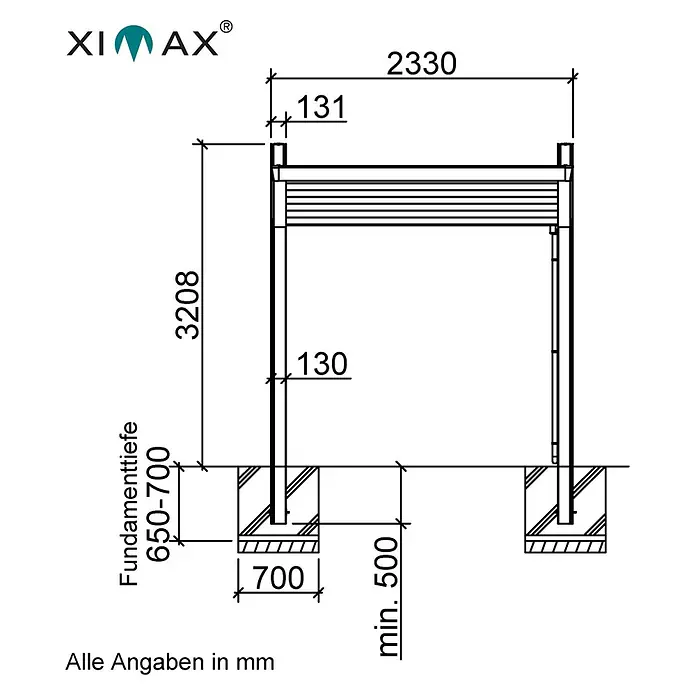 Ximax Carport Miro Next Typ 60 - Außenmaß inkl. Dachüberstand (B x T): 2,33 x 5,14 m, Sepiabraun - Abbildung einer schematischen Zeichnung eines XIMAX-Produkts mit Maßangaben.