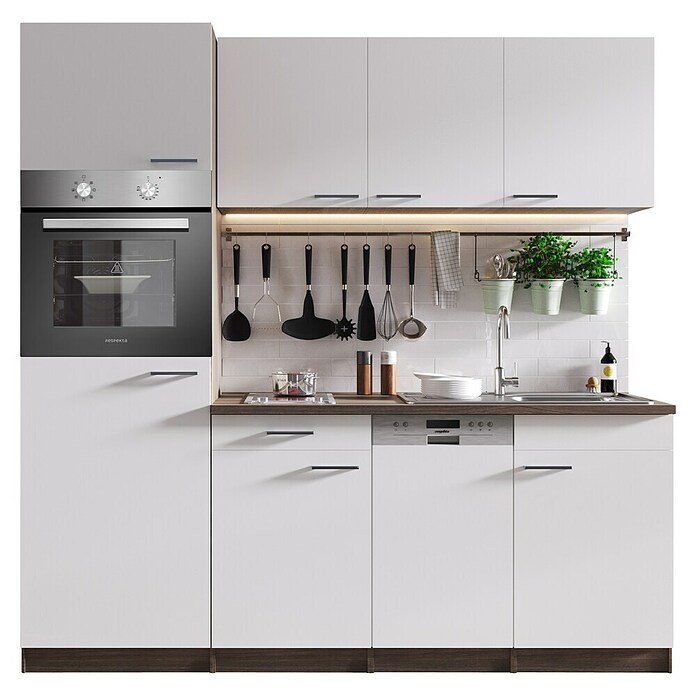 Respekta Cocina (Ancho: 205 cm, Con placa vitrocerámica, Imitación de madera de roble York, Blanco)